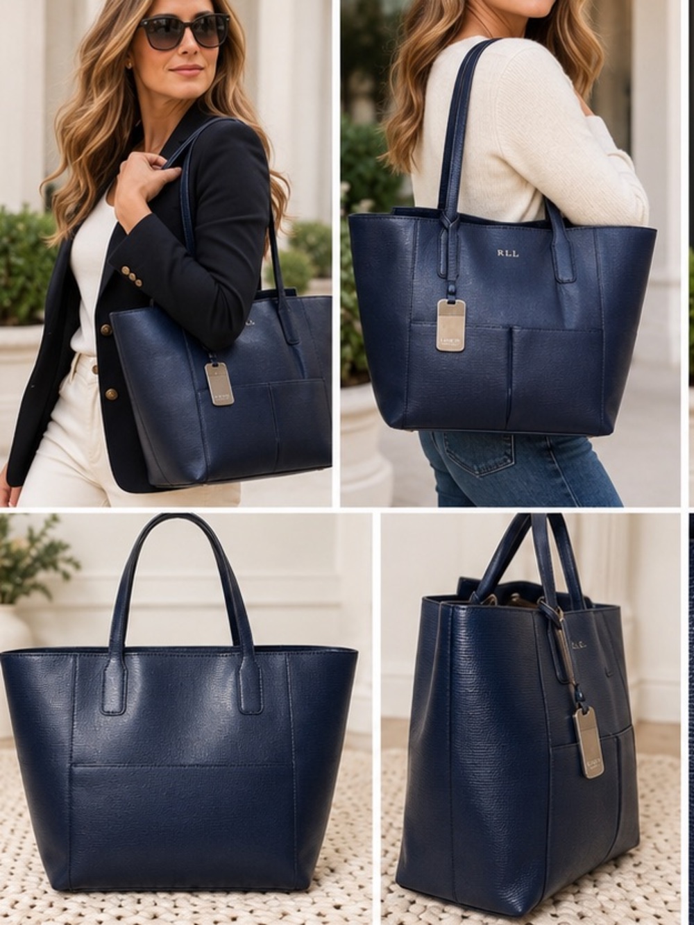 Lauren Ralph Lauren Navy Blue Textured Large Shoulder Tote Bag